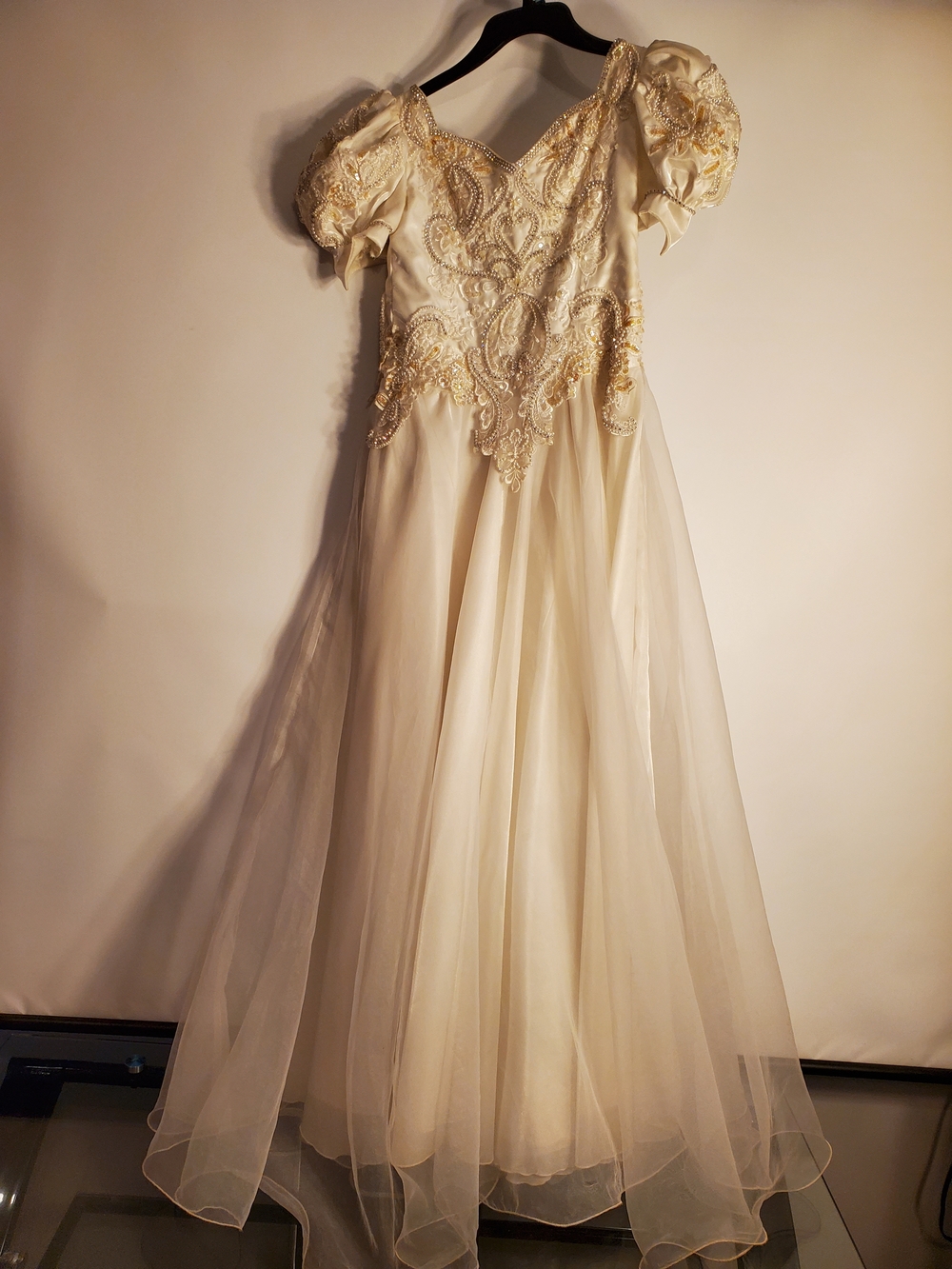 Vintage Girls' Formal Gown Rhinestones, Lace & Pearls with Puff Sleeves